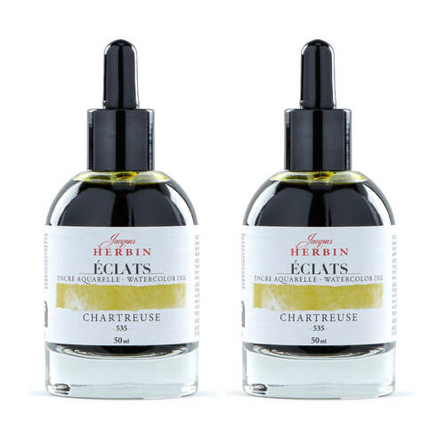 2PK Herbin Eclats Glass Bottle Watercolour Ink w/ Dropper 50ml Chartreuse