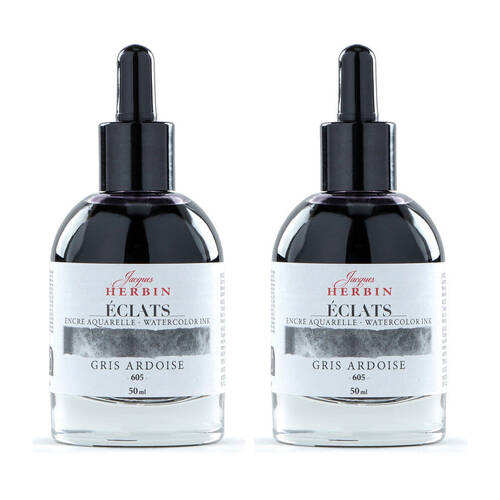 2PK Herbin Eclats Glass Bottle Watercolour Ink w/ Dropper 50ml Slate Grey