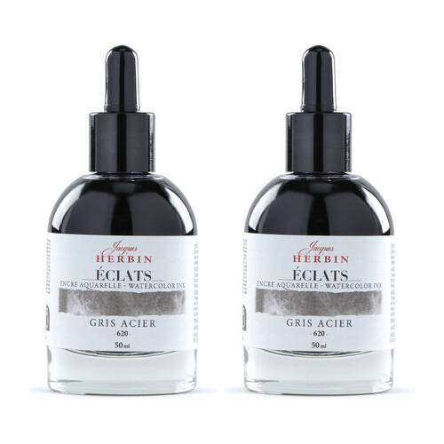 2PK Herbin Eclats Glass Bottle Watercolour Ink w/ Dropper 50ml Steel Grey