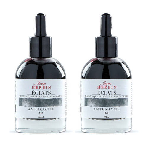 2PK Herbin Eclats Glass Bottle Watercolour Ink w/ Dropper 50ml Anthracite