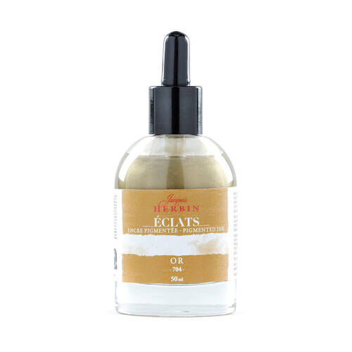 Herbin Eclats Glass Bottle Rich Pigment Writing Ink w/ Dropper 50ml Gold