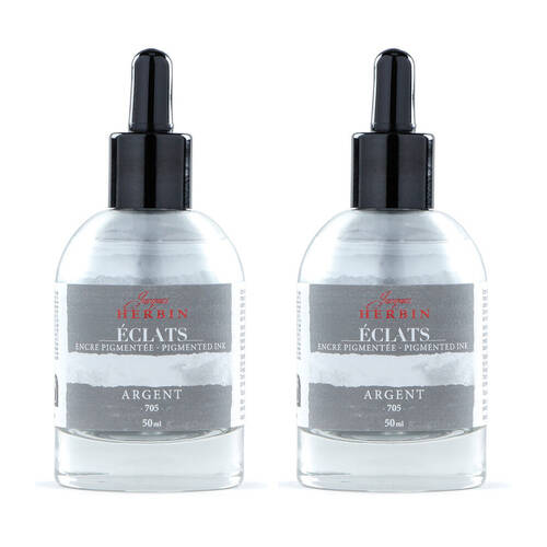 2PK Herbin Eclats Glass Bottle Rich Pigment Writing Ink w/ Dropper 50ml Silver