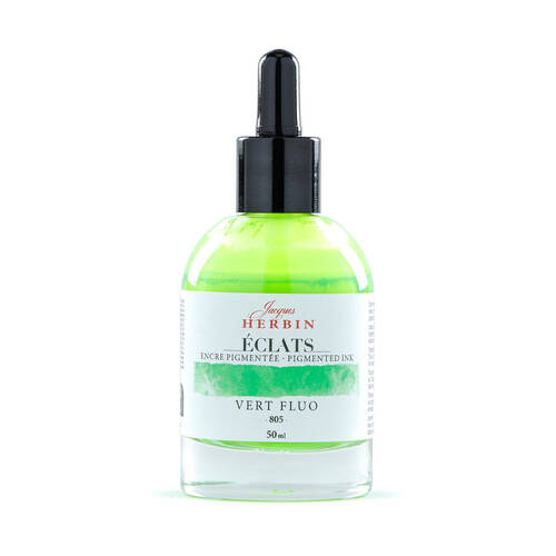 Herbin Eclats Glass Bottle Rich Pigment Writing Ink w/ Dropper 50ml Fluro Green