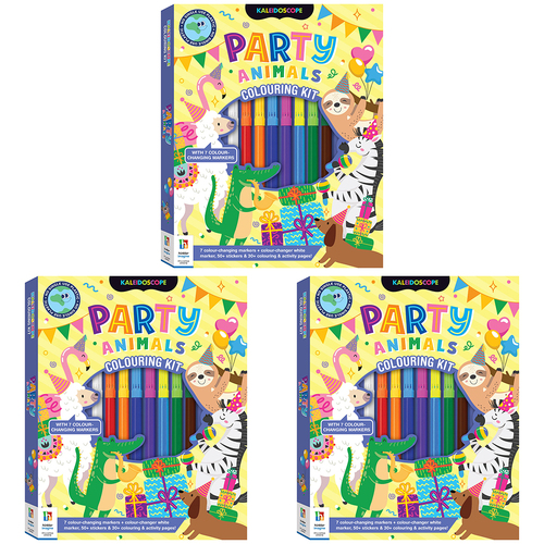 3PK Kaleidoscope Party Animals Kids/Children Colouring Kit 8y+