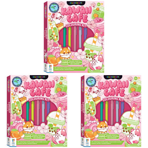3PK Kaleidoscope Kawaii Cafe Markers & Stickers Colouring Kit 6y+