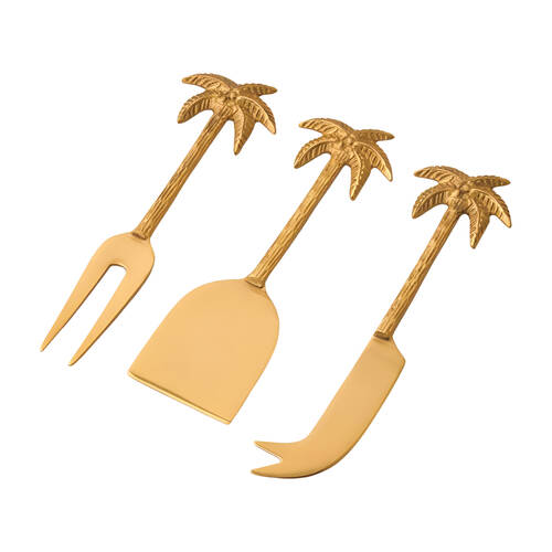 3pc Pilbeam Living Palmera Cheese Knives Palm Tree Handle Gold Brass 20cm