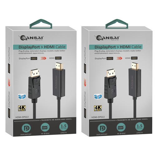 2PK Sansai Displayport To HDMI Male To Male Cable 1.5m