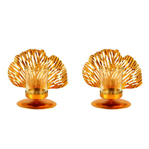 2PK Maine & Crawford Maaz Palm 14cm Metal Taper Candle Holder - Gold