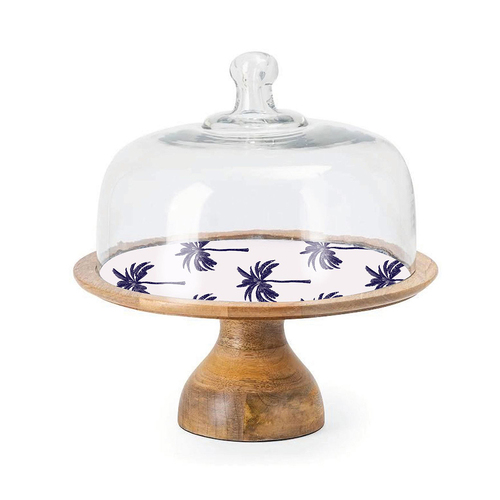 Maine & Crawford Belize 30cm Palm Tree Enamel Mango Wd Cake Stand - Blue