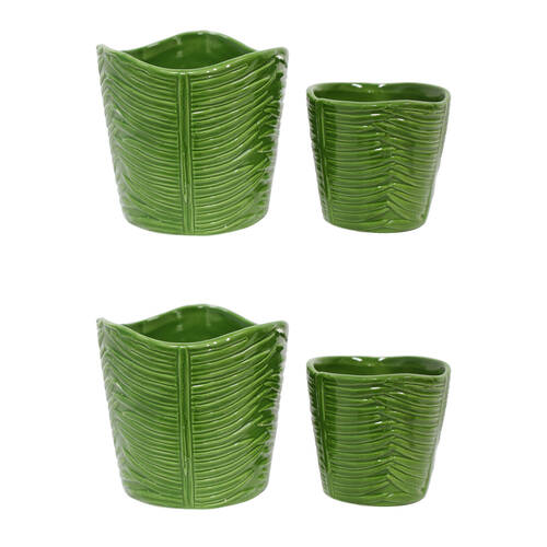 2x 2pc LVD Porcelain Planter Pot Palm Leaf Set 11x10.5cm/8x7.5cm Green