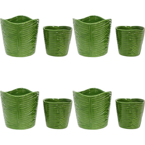 4x 2pc LVD Porcelain Planter Pot Palm Leaf Set 11x10.5cm/8x7.5cm Green
