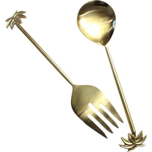 2pc LVD Stainless Steel/Brass Palm Tree Salad Server Classic Set 27cm Gold