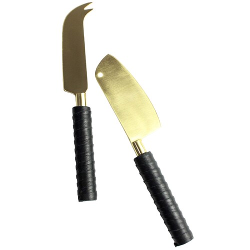 2pc LVD Entertaining Mix Brass Cheese Knives w/ Leather Handle Set - Black/Gold