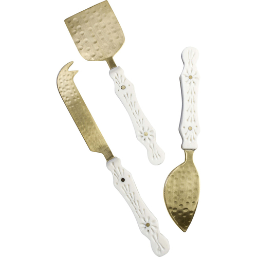 3pc LVD Brass Multi Cheese Knife w/ Resin Handle Sienna - Gold/White