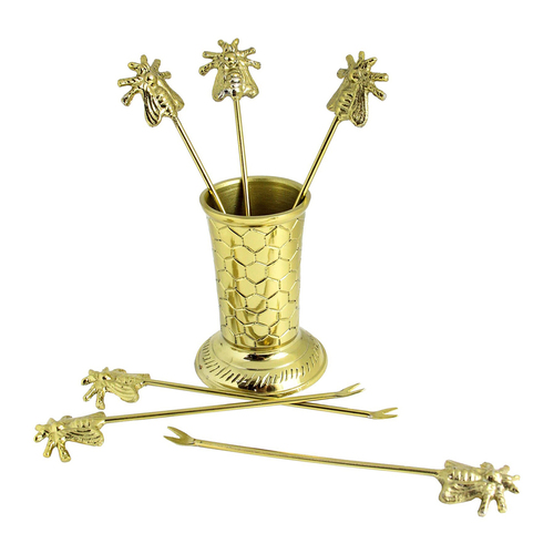 7pc LVD Bee 13.5cm Brass Pick Cutlery w/ Cup Holder Set