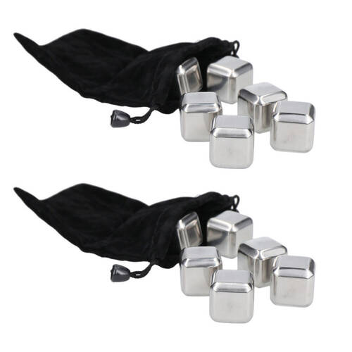 2x 6pc Barcraft Stainless Steel Wine Cubes w/ Pouch Set - Silver