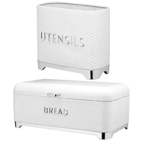 2pc Kitchencraft Lovello Textured Utensil Holder & Bread Bin - Ice White