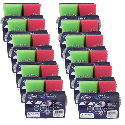 12x 6pc Aussie Clean Cleaning Set Sponge/Scouring Pad/Steel Scourers