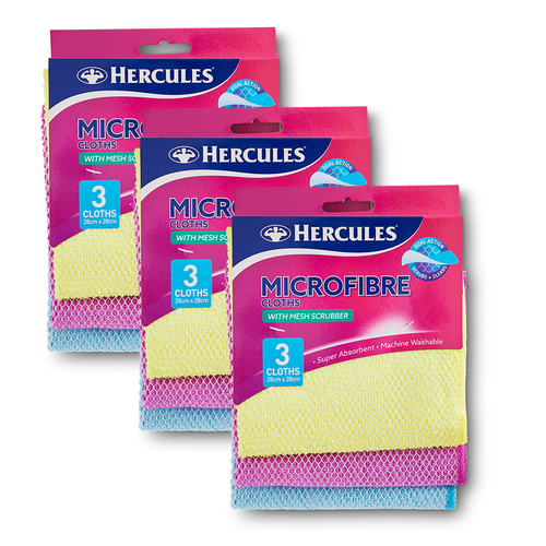 3x 3pc Hercules Microfibre Cloths with Scrubbing Mesh