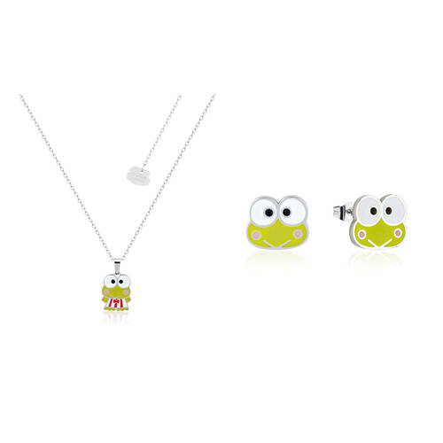 Couture Kingdom Sanrio Hello Kitty Keroppi Necklace & Stud Earrings Set Silver