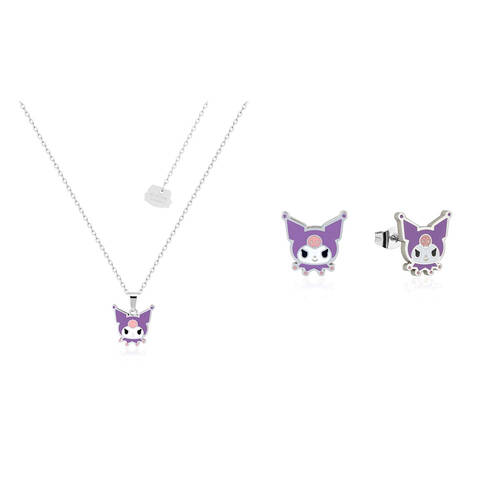 2pc Couture Kingdom Sanrio Kuromi Head Necklace & Stud Earrings Silver
