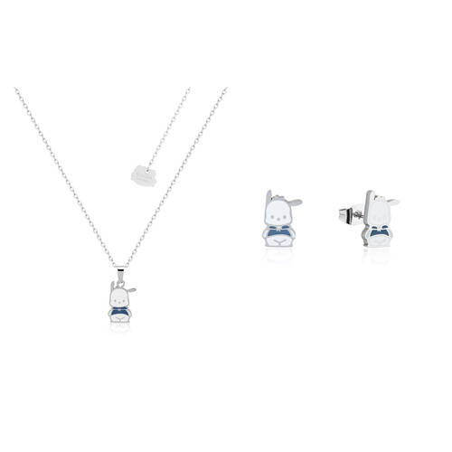 2pc Couture Kingdom Sanrio Hello Kitty Pochacco Necklace & Stud Earrings Silver