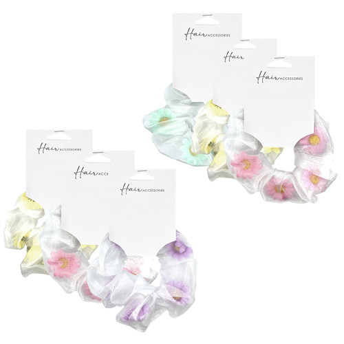 6PK Hair Accessories Scrunchie 13cm Organza Floral Insert Ponytail Accessory Assorted