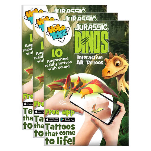 3x 10pc Holotoyz HoloArtz Jurassic Dinos Augmented Reality Tattoos Kids Art 3y+
