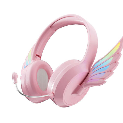 Laser Kids Angel Wings RGB LED Bluetooth Wireless Headphones w/ Microphone Pink