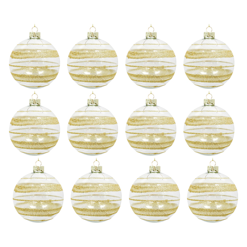 12PK LVD Glass Bauble Gold Stripe Seasonal Christmas Decoration