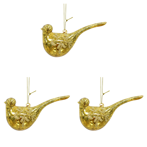 3PK LVD Glass Bird Hanging Ornament Home Decor 15cm - Gold