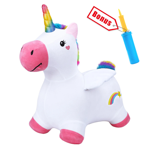 Bouncy Pals Inflatable Ride-On Plush Unicorn w/ Pump 18m+