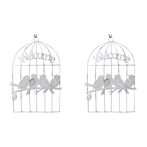 2PK LVD Hanging Birds In Cage Home/Garden Decor 14x21cm - White