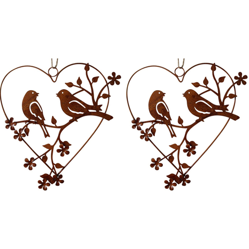 2PK LVD Metal Heart 2x Birds Home/Garden Decor 19x20cm - Brown