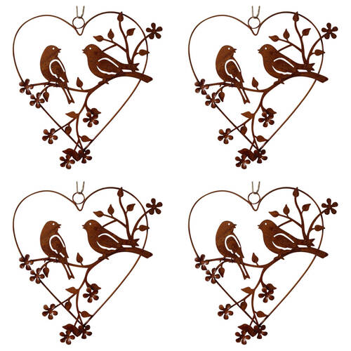 4PK LVD Metal Heart 2x Birds Home/Garden Decor 19x20cm - Brown