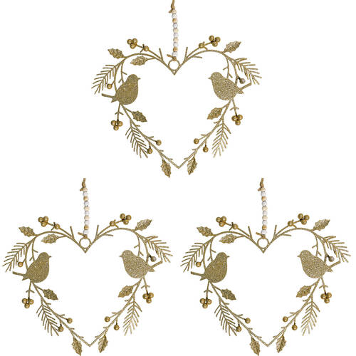 3PK LVD Hanging Heart Bird Metal Ornament Decor Gold 25cm