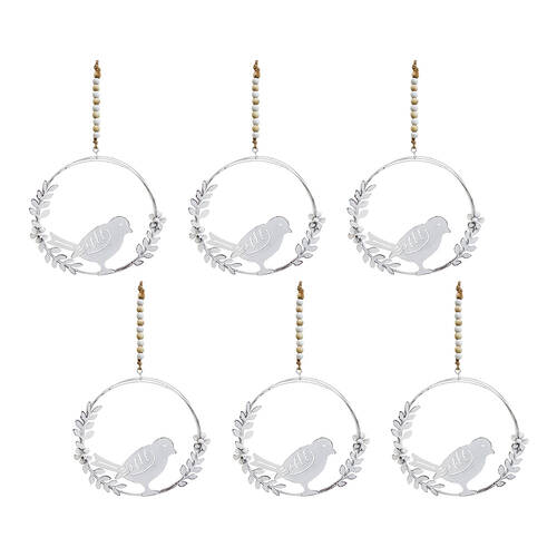 6PK LVD Hanging Bird In Wreath Home/Garden Decor 14x13cm - Silver