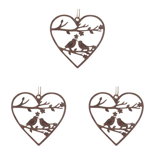3PK LVD Hanging Heart 2 Birds Rust Home/Garden Decor 17x17.5cm - Brown