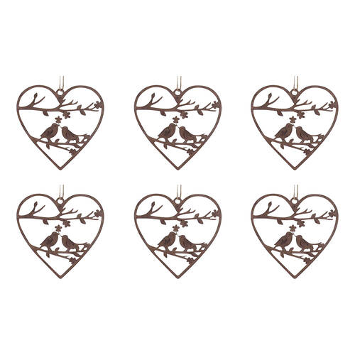 6PK LVD Hanging Heart 2 Birds Rust Home/Garden Decor 17x17.5cm - Brown