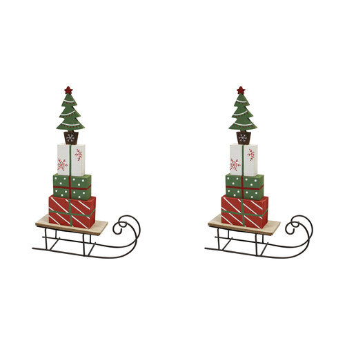 2PK LVD 30x19cm Metal/Wood Sleigh Present Home Decor - Red