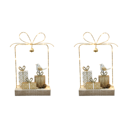 2PK LVD 27x19cm Metal/Wood Gift Box Bow Multi Lights Home Decor