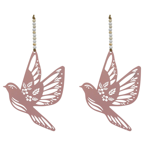 2PK LVD Metal/Beads 16cm Bird In Flight Hanging Decor - Pink