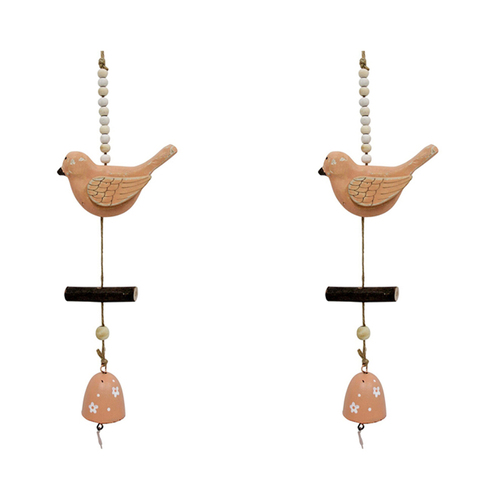 2PK LVD Metal/MDF/Beads 30cm Hanging Bird Bell Decorative Ornament - Peach