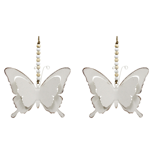 2PK LVD Metal/MDF/Beads 30cm Hanging Butterfly Decorative Ornament - White