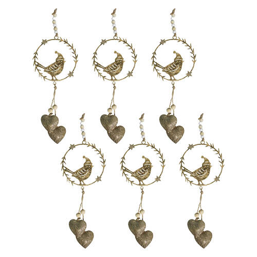 6PK LVD Metal/Beads Hanger Bird Hanging Ornament 42cm - Gold