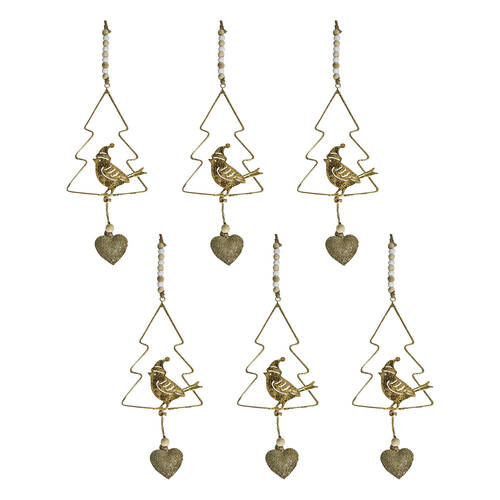 6PK LVD Metal/Beads Hanger Treebird Hanging Ornament 33cm - Gold