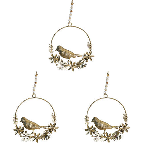 3PK LVD Metal/Beads Wreath Bird Hanging Ornament 18cm - Gold