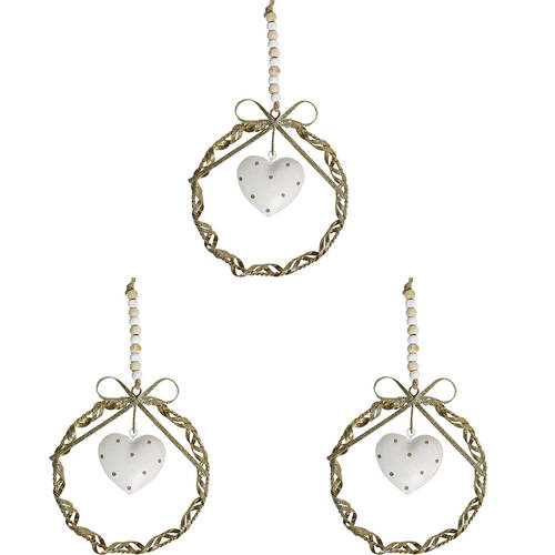 3PK LVD Metal/Beads Twist Wreath Heart Hanging Ornament Small - Gold/White