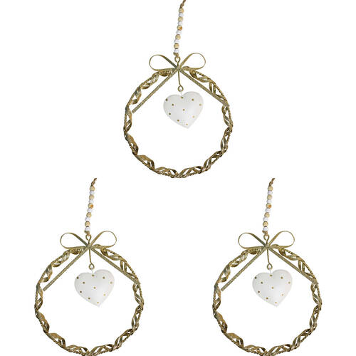 3PK LVD Twist Wreath Heart Large Metal/Beads Hanging Ornament 17x15cm - Gold