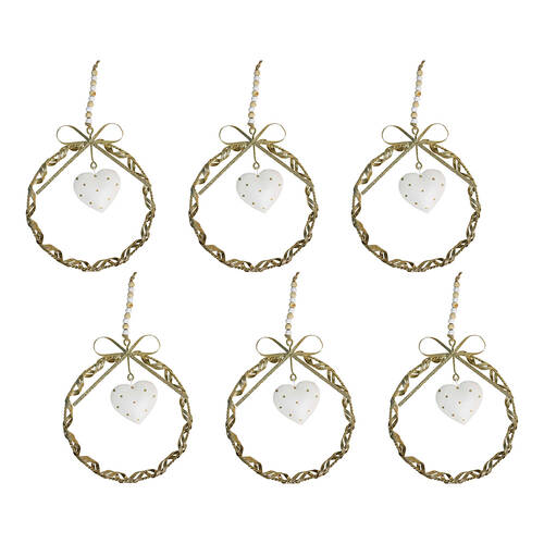 6PK LVD Twist Wreath Heart Large Metal/Beads Hanging Ornament 17x15cm - Gold